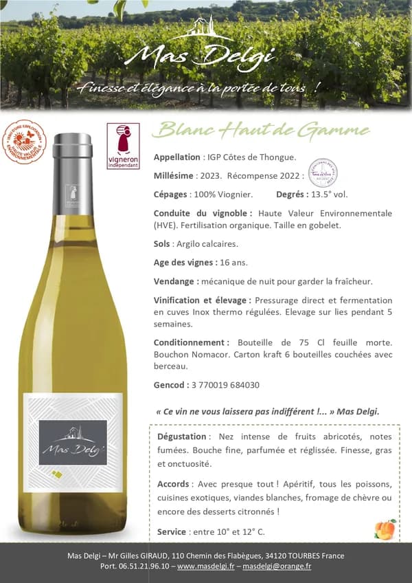 Bouteille de HDG Blanc — MAS DELGI, vin blanc