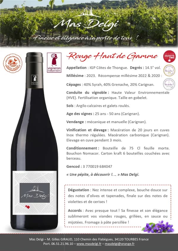 Bouteille de HDG Rouge — MAS DELGI, vin rouge