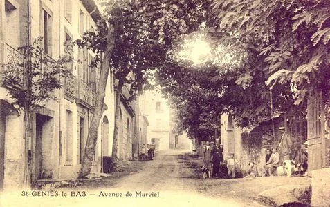 Carte postale ancienne sepia 'St-Genies-le-Bas - Avenue de Marviel' : rue de village bordee de maisons et de platanes, personnages d'epoque. Patrimoine du village de Saint-Genies-de-Fontedit (commune du domaine), pas le domaine lui-meme. Valeur d'illustration historique/locale seulement. Source : fi