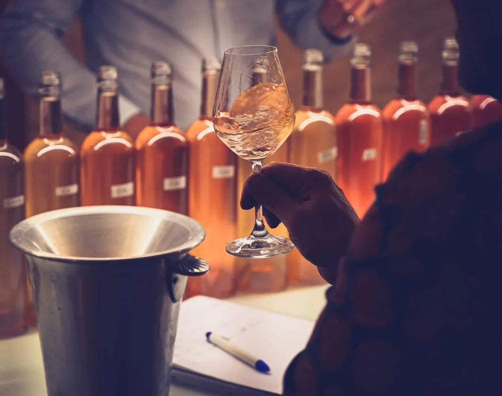 Seance d'assemblage/degustation des roses : une main fait tourner un verre de rose devant un alignement de bouteilles echantillons aux teintes variees, seau a glace metallique et carnet de notes. Ambiance feutree, savoir-faire du vinificateur.