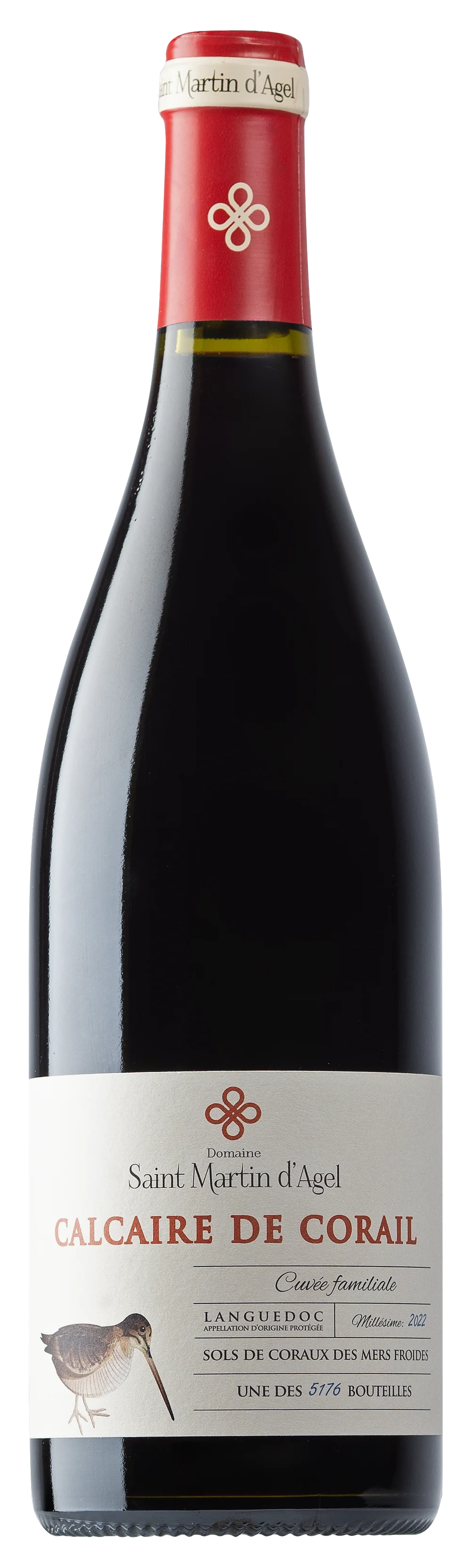 Packshot de la cuvee 'Calcaire de Corail' (Languedoc 2022) : bouteille avec etiquette creme et illustration d'oiseau, sur fond blanc. Photo produit nette.