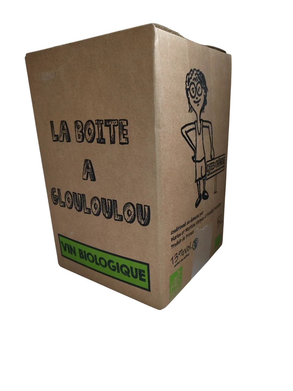 Bag-in-box (cubi) en carton kraft 'La Boite a Glouloulou' avec illustration au trait du personnage maison et logo AB (vin biologique). Produit du domaine, original ; packshot sur fond blanc.