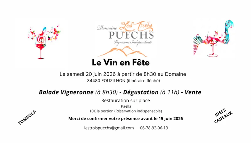 Affiche evenementielle propre au domaine 'Le Vin en Fete au Domaine' (20 juin 2026, Fouzilhon) : logo Les Trois Puechs + mention Vignerons Independants, illustrations de verres, infos balade/degustation/vente. Surtout textuel, valeur visuelle limitee. 800x457.